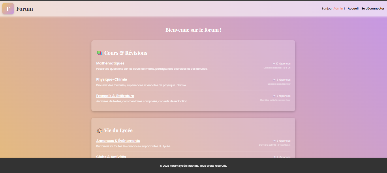 Page d'accueil du forum